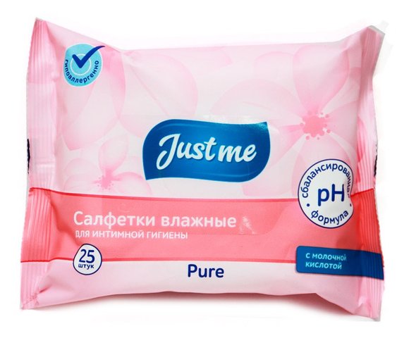 Влажные салфетки Just Me для интимной гигиены с молочной кислотой , 25 шт