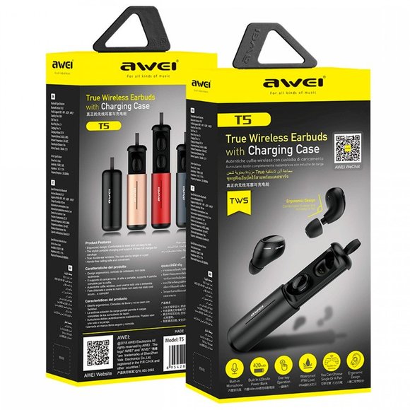 Bluetooth наушники Awei T5 - Черные с зарядным футляром